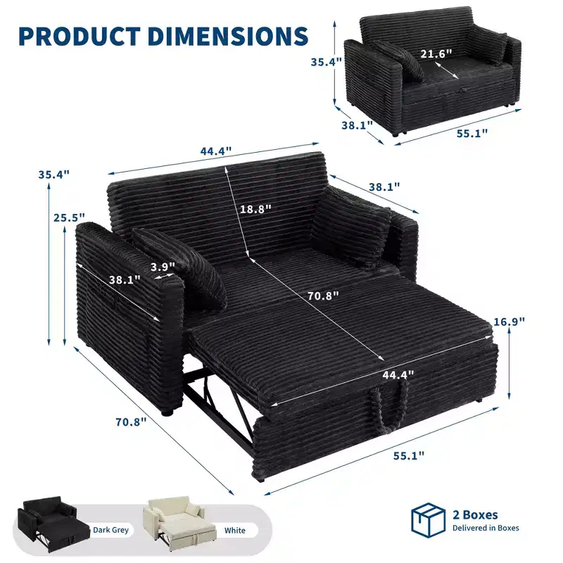 55 Convertible Loveseat Sleeper Sofa Bed with Pull-Out Footrest & Adjustable Backrest, Space-Saving Couch for Small Apartments