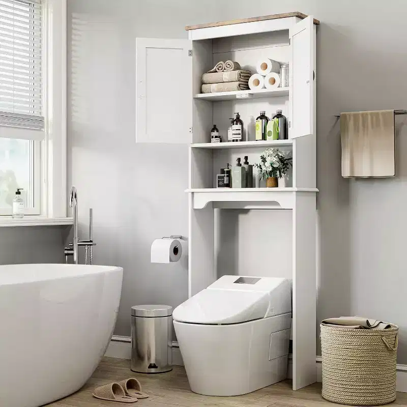 66-Inch Over Toilet Storage Cabinet, Freestanding Bathroom Organizer with Double Doors and Adjustable Shelves, Anti-Tip Device, Easy Assembly, White