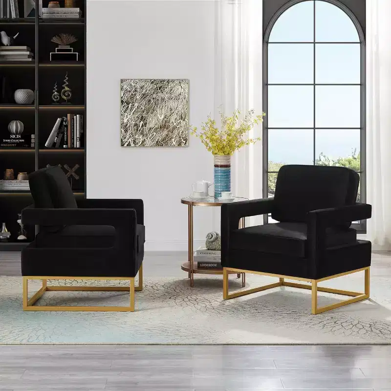 Living Room Chairs Comfortable Chair, Velvet Sofa with Open Armrests, Metal Base, High Density Foam Modern Upholstered Chair