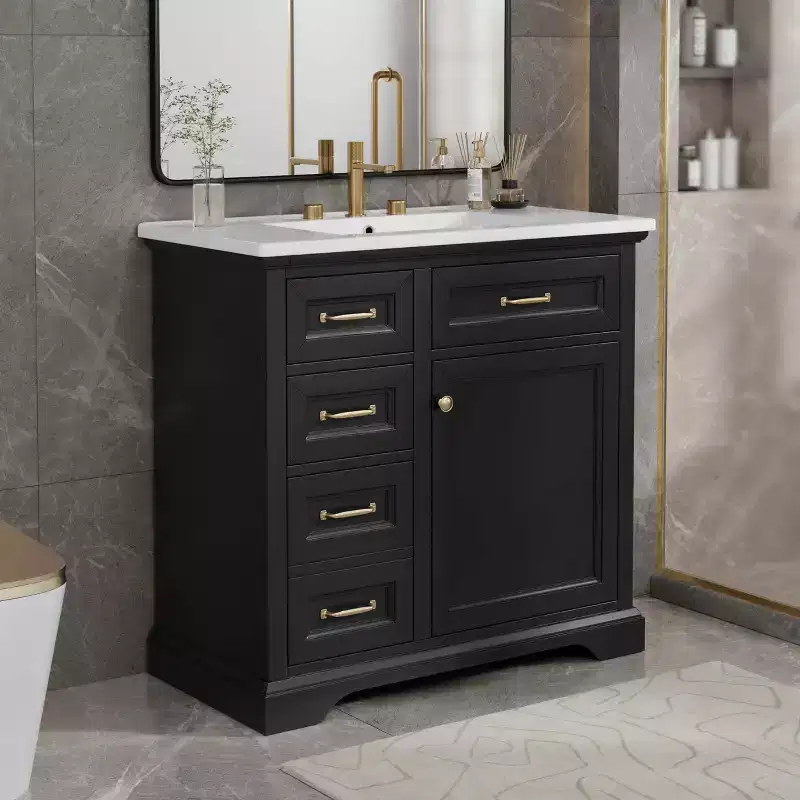 36 Bathroom Vanity Ceramic Sink Top 4 Drawers 1 Soft-Close Door Freestanding Metal Handles Black
