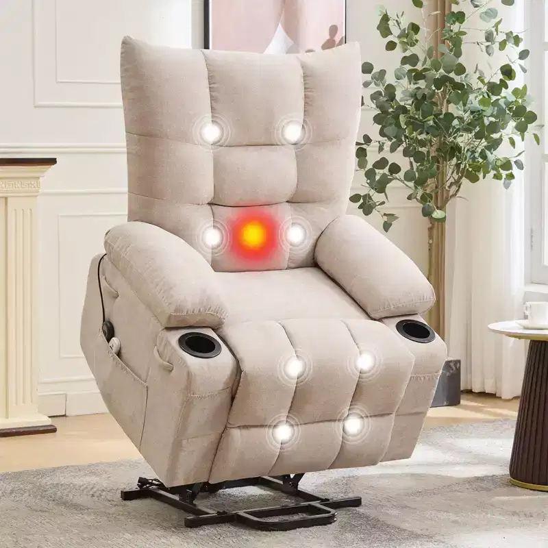 Power Lift Recliner Chair for Elderly with Massage and Heat, Oversized Massage & Heat Recliner with Soft Padded Upholstery, Side Pocket & Cup Holders