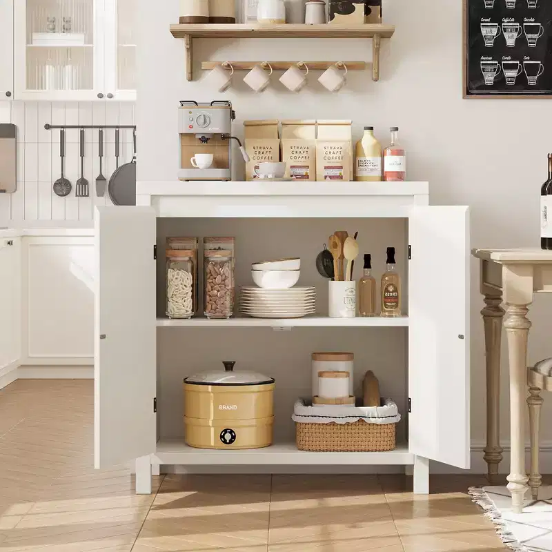 Rattan Storage Cabinet, Wooden Sideboard Buffet Cabinet with Doors and Shelves, Small Console Cabinet with Storage for Entryway, Beige
