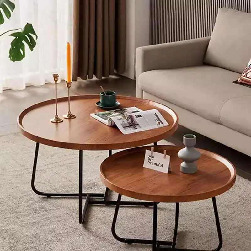 Walnut Nesting Coffee Table Set (70cm+50cm Round) C Fluted Design for Living Room, Bedroom & Office