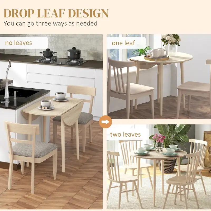35in Round Folding Dining Table, Collapsible Drop Leaf, Solid Wood Legs, Space-Saving Small Kitchen