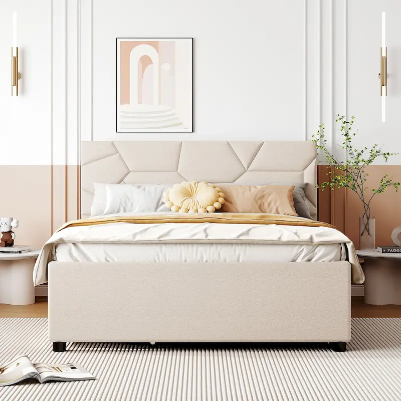 Brick Pattern Headboard Bed Frame Linen Fabric Upholstered Platform Bed, Wood Panel Bed wTrundle Bed & 2 Drawers,Low Profile Bed