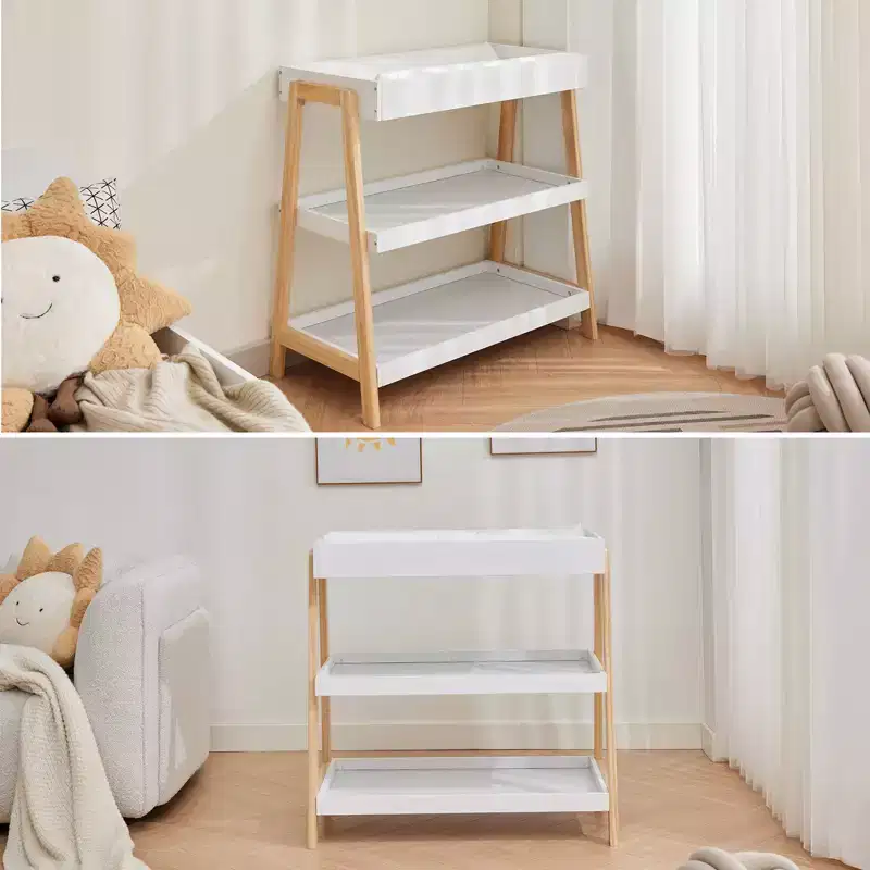 Modern Baby Changing Table with Waterproof Pad & 2 Storage Shelves, Portable Wood Nursery Furniture for Newborns/Infants, Wood+White