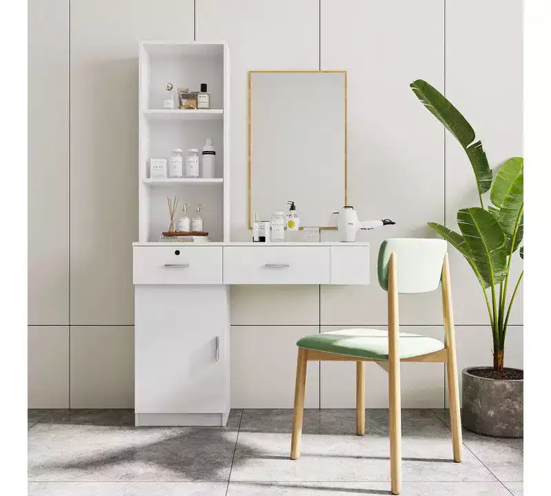 Vanity Table with Lights and Built-In Mirror, Multi-Tier Storage, White