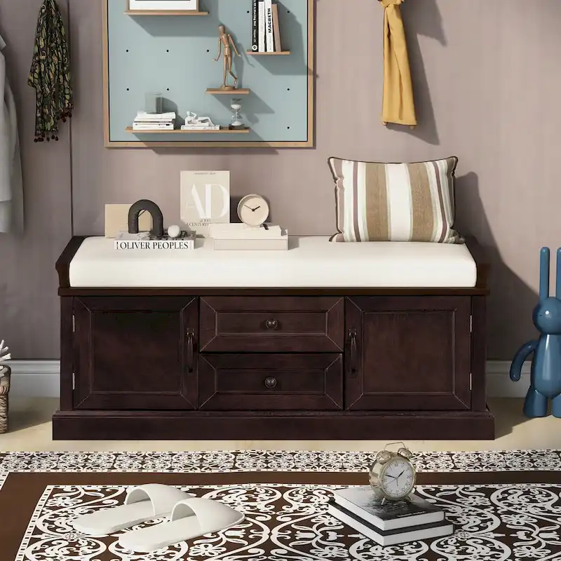 Solid Wood Storage Bench with 2 Drawers & 2 Cabinets, 42.5 Entryway Shoe Rack with Removable Cushion for Living Room Hallway
