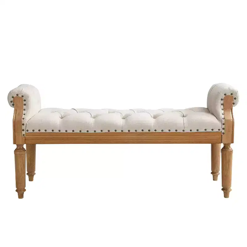 Christopher Knight Home Lena Mid-Century Modern Rubberwood Linen Upholstered Tufted Bench with Rolled Arms