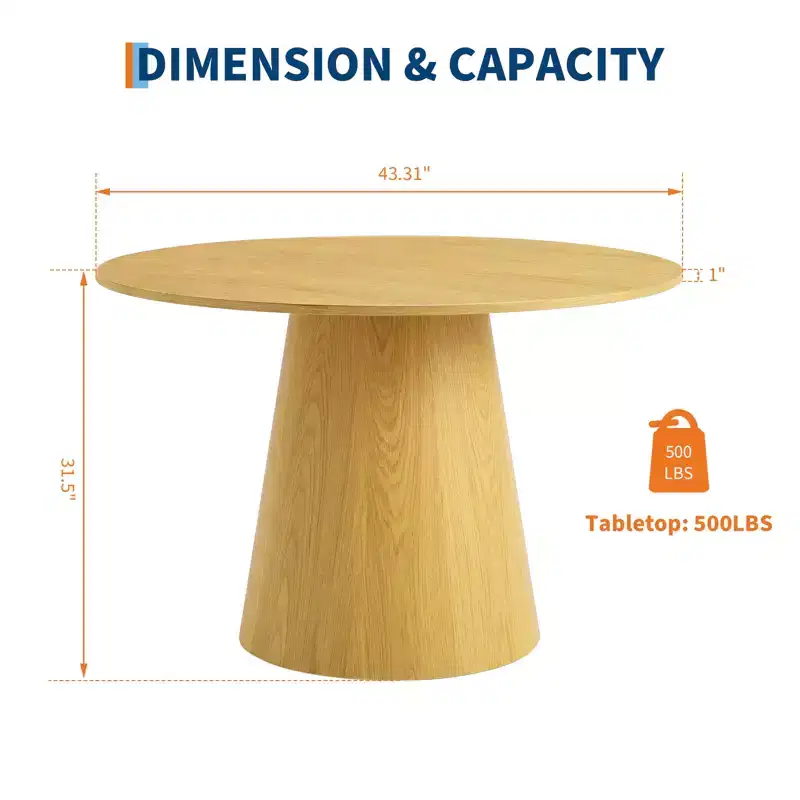 43 Round Wood Dining Table for 4, Modern Space-Saving Kitchen Table with Pedestal Base