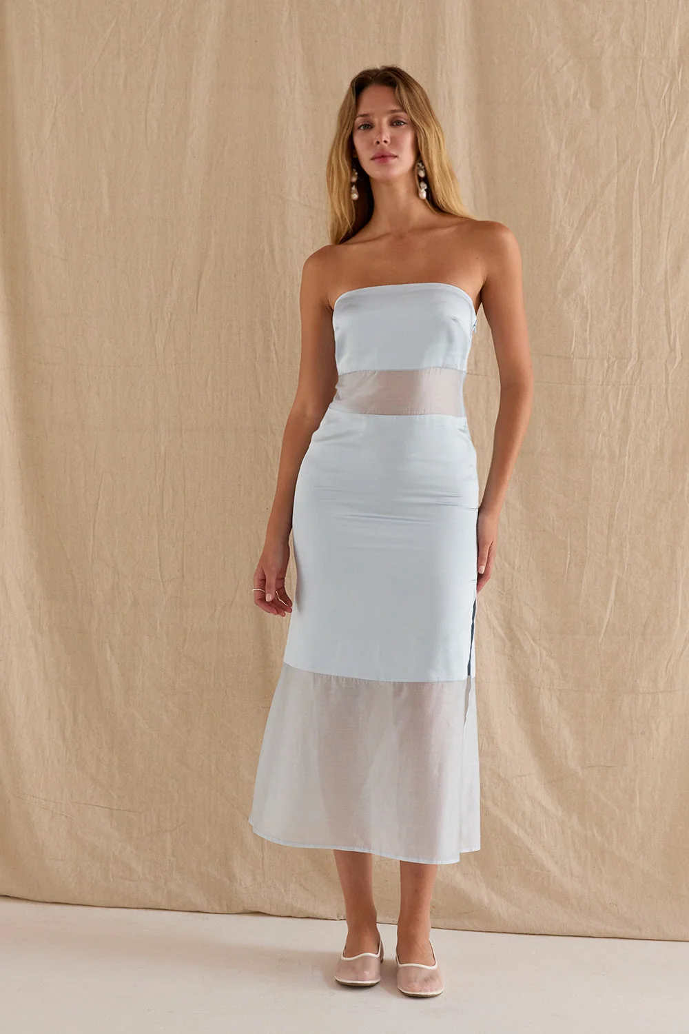 Satin Mixed Media Tube Midi Dress