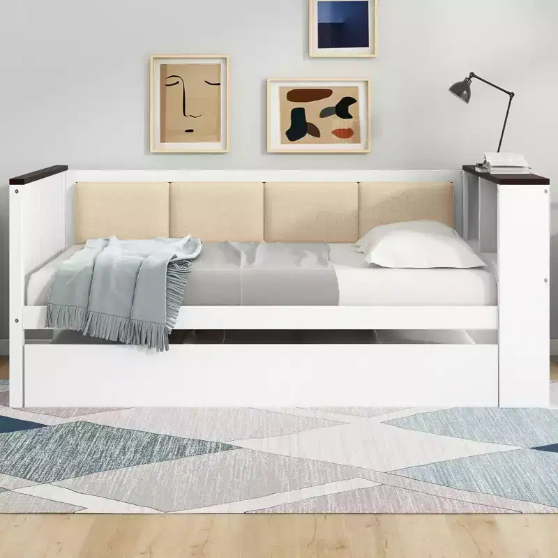 Twin/Full Size Wood Daybed with Storage Shelves and Trundle, Daybed with Upholstered Backrest and USB