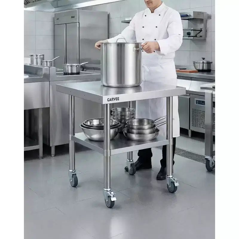 Heavy Duty Stainless Steel Work Table with Wheels - Removable 3-Sided Rim, Adjustable Undershelf, Utility Prep Station for Restaurant, Kitchen