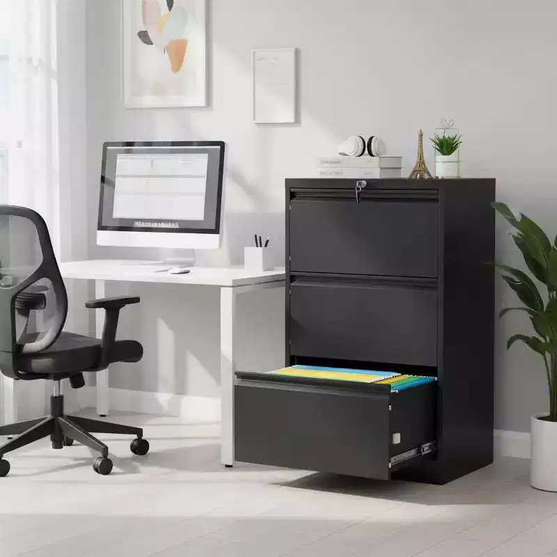 3 Drawers Lateral File Cabinet with Lock, Metal Filing Cabinet with Card Holder, Steel Drawer File Cabinets Under Desk for Home Office