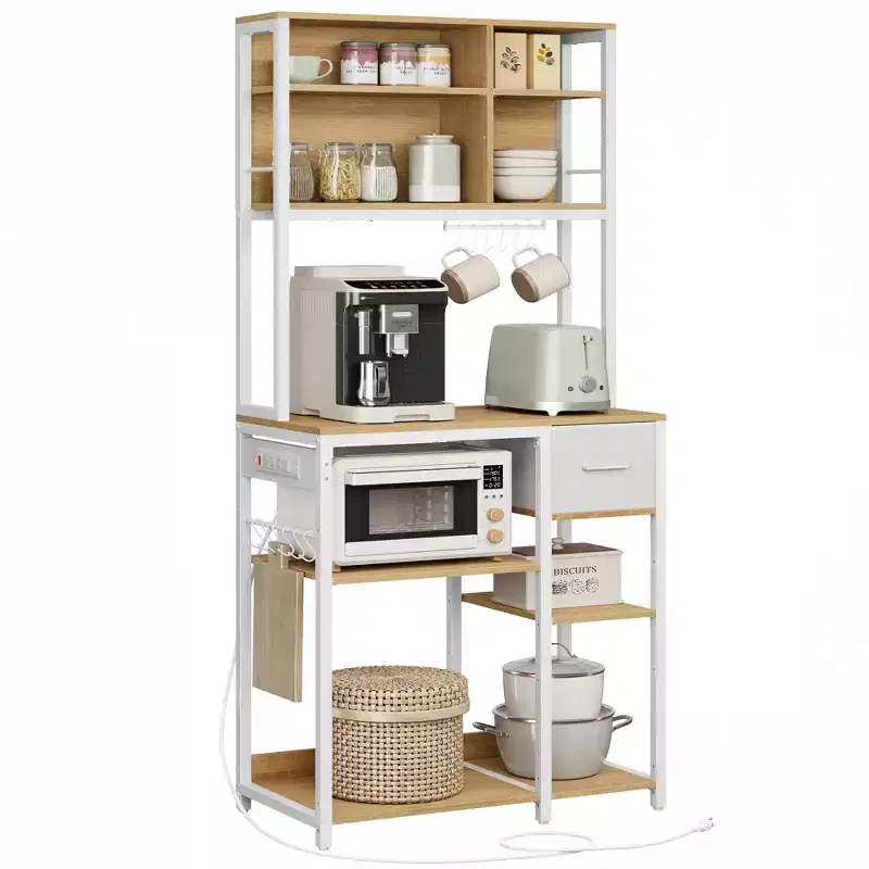 Baker's Rack with Charging Station, Coffee Bar with Adjustable Storage Shelves, Fabric Drawer, 12 Hooks, 15.7 x 31.5 x 71 Inches