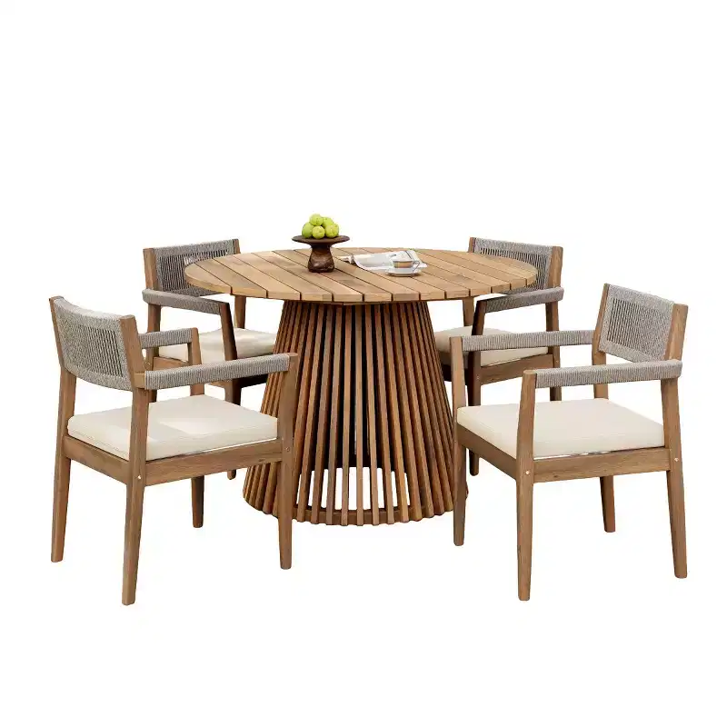 Round Pedestal Outdoor Dining Set, 5-Piece Acacia Wood Table with Slatted Top and 4 Woven Back Chairs with Cushions for Patio-Panipeachy