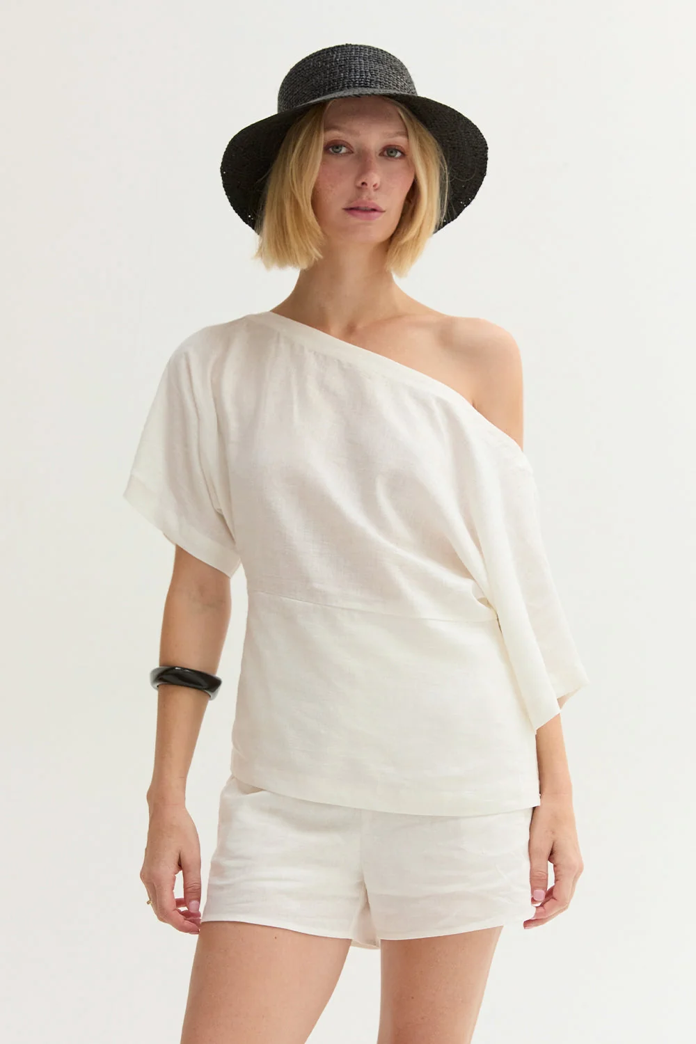 One Shoulder Linen Blend Top