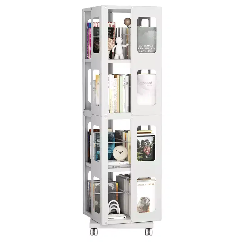 All-Steel Rotating Bookshelf with 360Wheels, Storage Shelves with 4 Tiers, Storage Organizer for Living Room, Hallway, Office