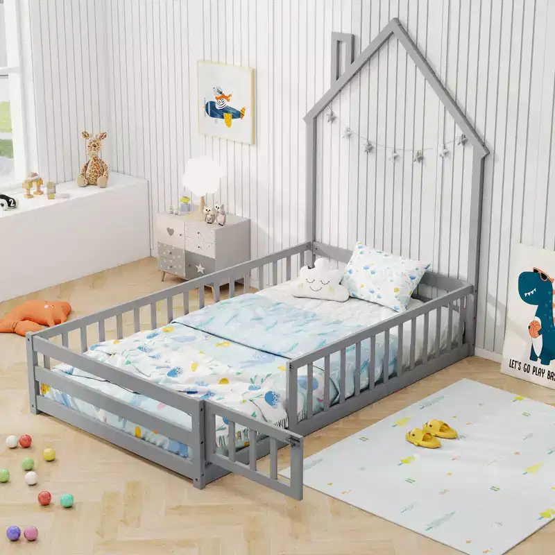 Twin Size Montessori Floor Bed for Toddler with Lockable Door & Full-Length Guardrail, Gray/White