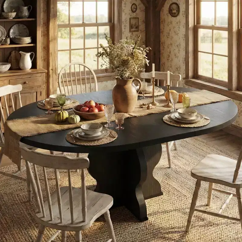 63 Extendable Round Dining Table for 4-8, Farmhouse Wood Oval Kitchen Table, Thick Top, Wider Wavy Leg, Circle, for Dinner, Dining, Apartment
