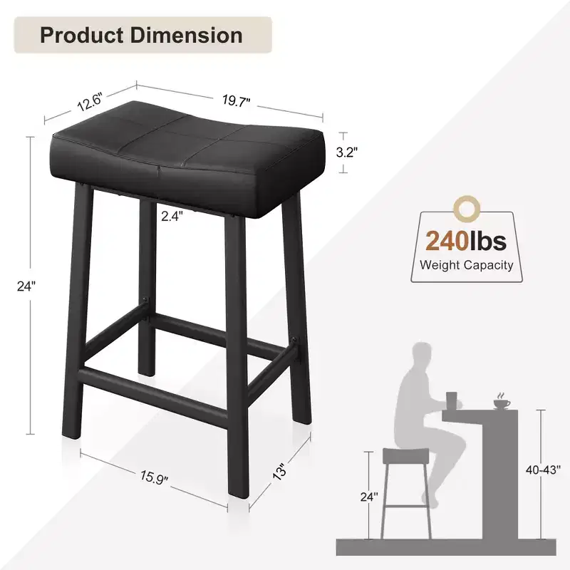 Bar Stools, Set of 2 or 4 Bar Chairs, Saddle Barstools with Curved Surface, 3.2 Thick Upholstery, for Kitchen, Dining Room, Cafe