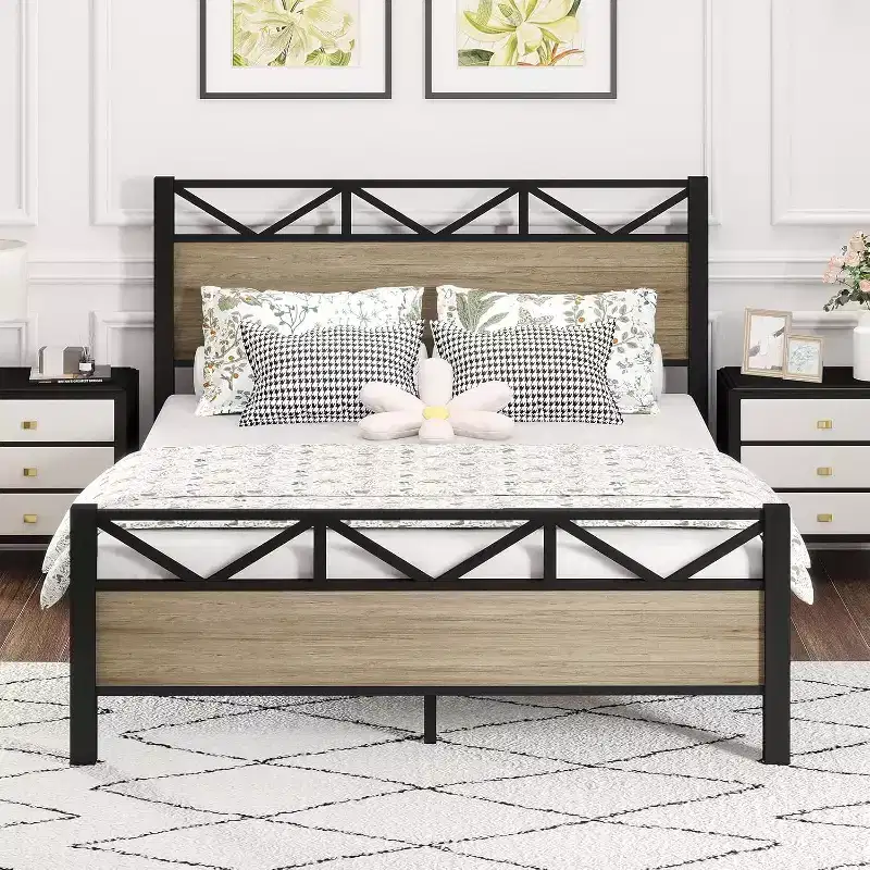 Full Size Heavy Duty Metal Brown Bed Frame with Headboard Footboard, Under Bed Storage, 440LBS Weight Capacity