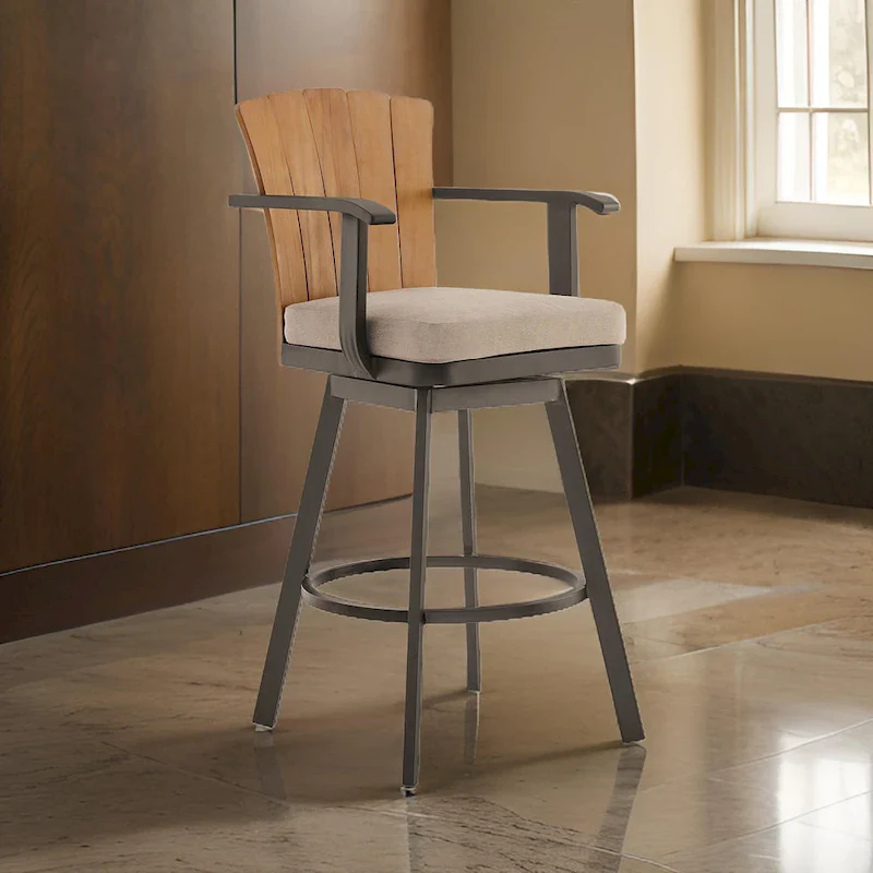 Luna 30 Inch Outdoor Swivel Barstool Chair, Rustic Teak Wood, Brown