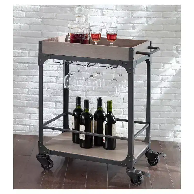 Bar Cart and Wine Rack Weathered Gray - Vintage Style Beverage Serving Cart with Locking Wheels