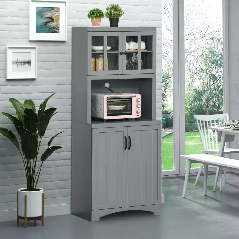 Kitchen Hutch, 70 Pantry Cabinet with Glass Framed Door, Storage Cabinet with Adjustable Shelves and Microwave Space for Dining Room