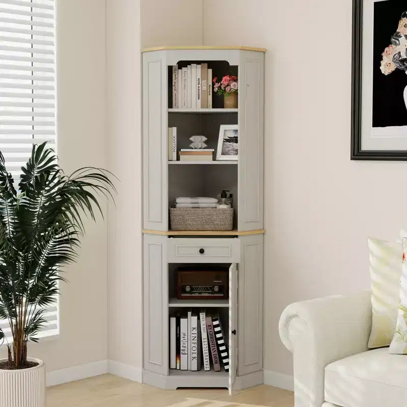 68 Tall Corner Storage Cabinet with Drawer and Adjustable Shelves