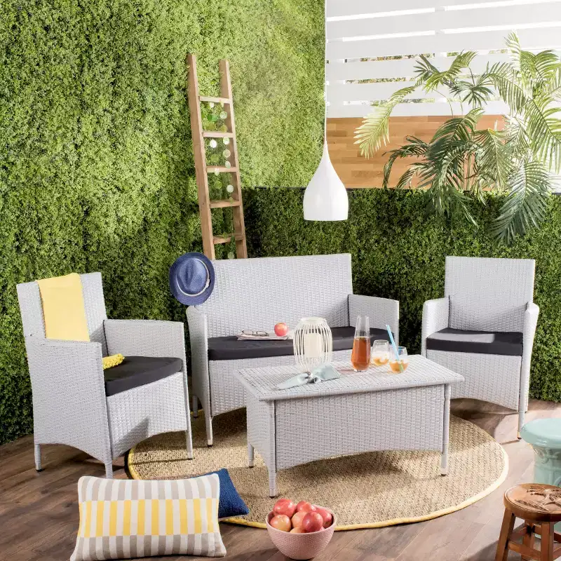 Mojavi 4 Piece Wicker Patio Seating Set W/Cushions - Indoor/Outdoor - FOX6005 - Grey/Black - Safavieh Couture