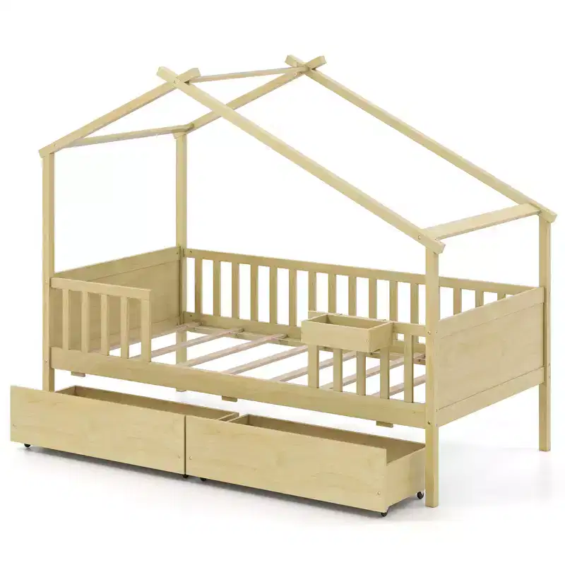 Twin House Bed w/ 2 Storage Drawers Roof & Fence Rails Headboard & Footboard