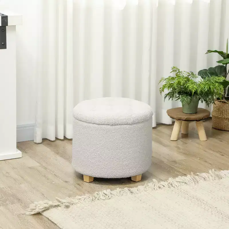 18 Round Ottoman with Storage, Teddy Fleece Button Tufted Bedroom Stool with Removable Lid and Wood Legs for Living Room, Hallway, White