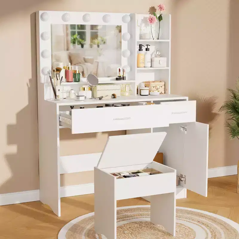 ALAULM Vanity desk w/3-Color LED Light, Mirror, Different Size Drawers&Stool, Modern style Makeup Vanity, for bedroom, White