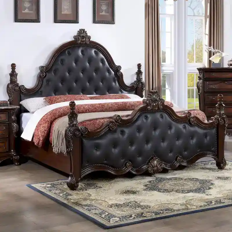 Traditional Faux Leather Button Tufted Four Poster Panel Bed