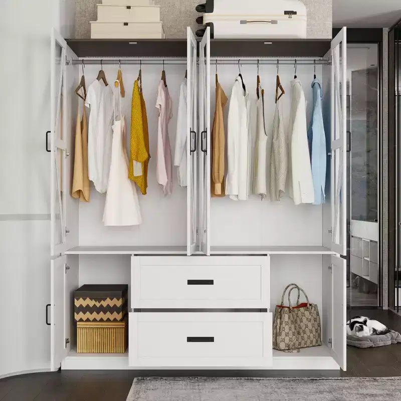 Famapy Farmhouse-Style White 4-Door Wardrobe with LED Lighting & Drawer Storage Armoire