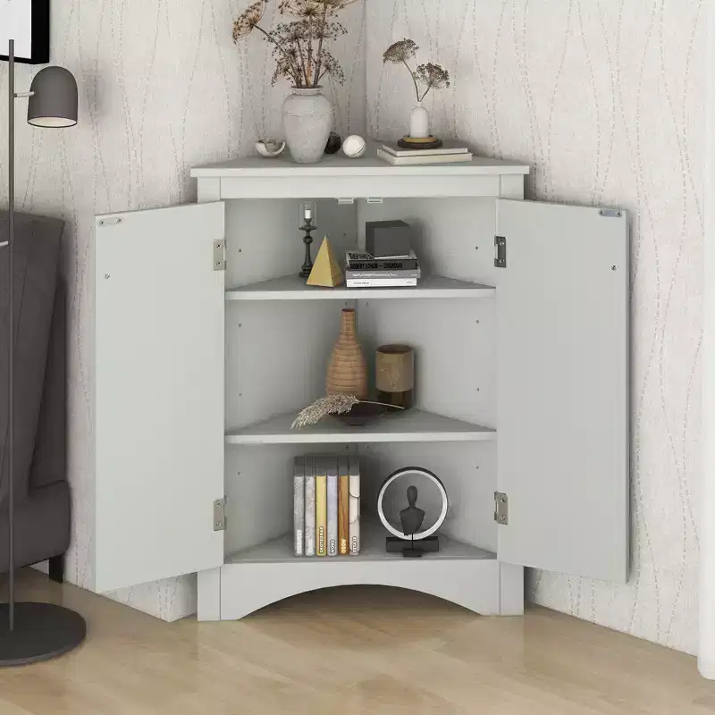 Rustic Corner Bathroom Storage Cabinet with Adjustable Shelves, Freestanding Floor Wood Cabinet - ModernLuxe