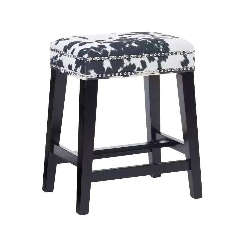 Backless Counter Height Barstool, Upholstered with Nailhead Trim and Footrails
