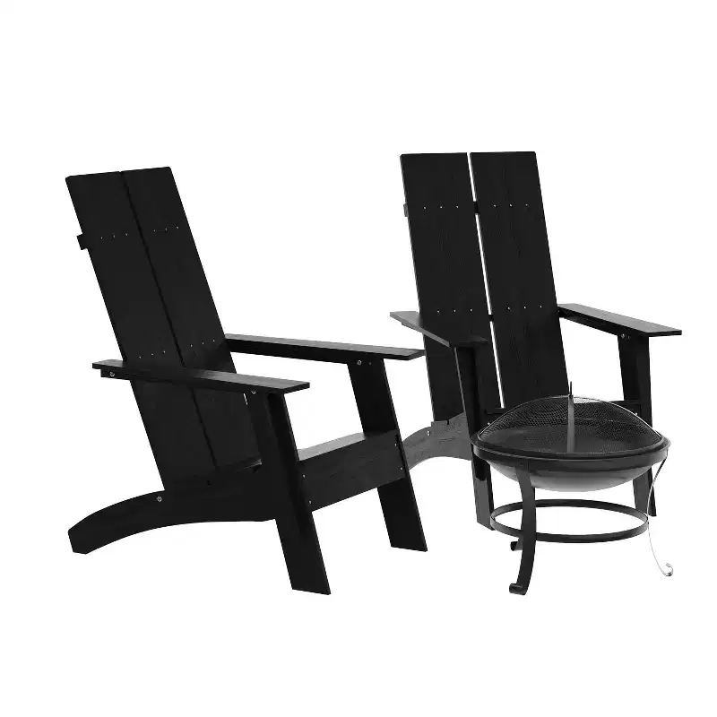 Emma and Oliver Set of 2 Modern All-Weather Poly Resin Adirondack Rocking Chairs with a Wood Burning Fire Pit for Outdoor Use