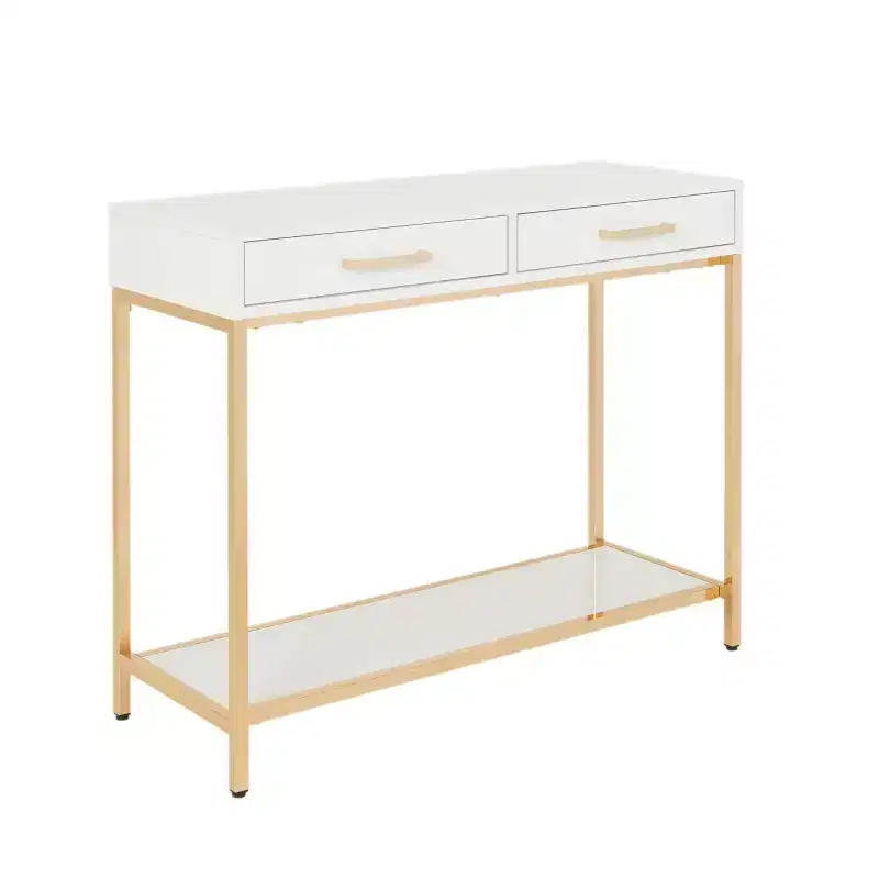 Foyer Table Gold - : Mid-Century Modern, Steel Frame, Dual Drawer Storage
