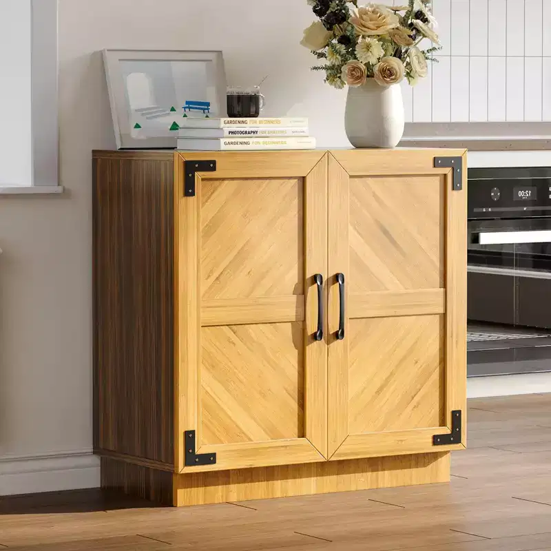 31.5 Sideboard Buffet Cabinet, Wooden Kitchen Credenza with Adjustable Shelves, Coffee Bar Storage Console, Floor Cupboard Cabinet for Living Room