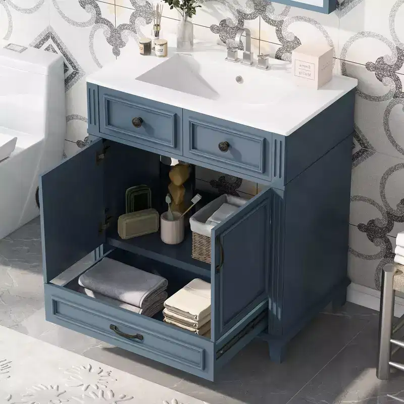 JVNOXK 30 Retro Freestanding Bathroom Vanity with Ceramic Sink, Blue Solid Wood Storage Cabinet with Soft Closing Doors for Powder Room