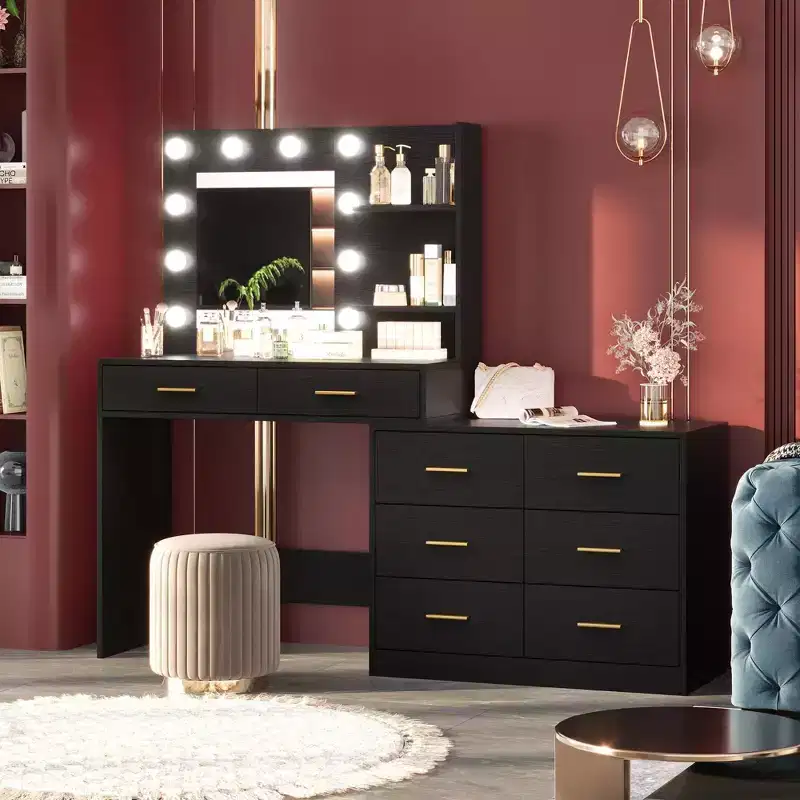61 Inch Makeup Vanity Desk with Mirror and Lights, Vanity Table with 8 Drawers, 3 Color Modes Dimmable Lights, Shelves for Bedroom