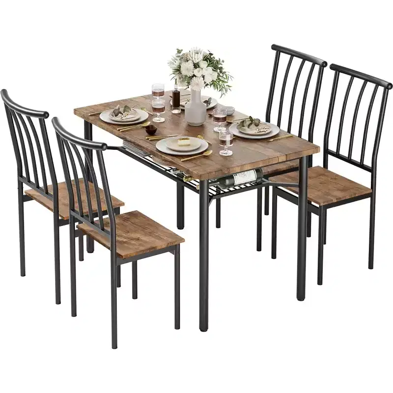 Rustic Wooden Dining Table Set for 4, 4-Piece Farmhouse Kitchen & Dining Room Table with Chairs, 1.18 Thick Tabletop, Adjustable Legs