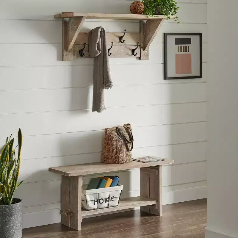 40" Castleton Mango Wood Bench and Coat Hook with Shelf Driftwood