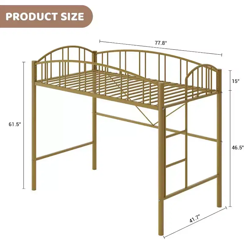 Acekool Twin Loft Bed with Stairs, Arched Guardrail, Metal Frame, Space-Saving, Noise-Free, Gold