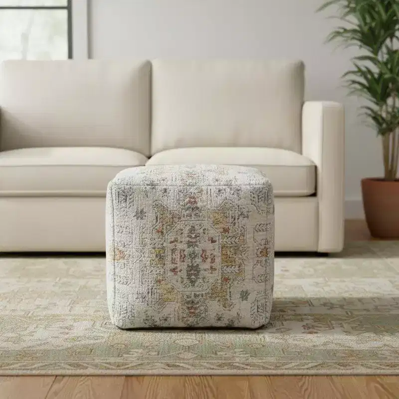 18 in Ivory and Light Gray Upholstered Medallion Pouf Ottoman