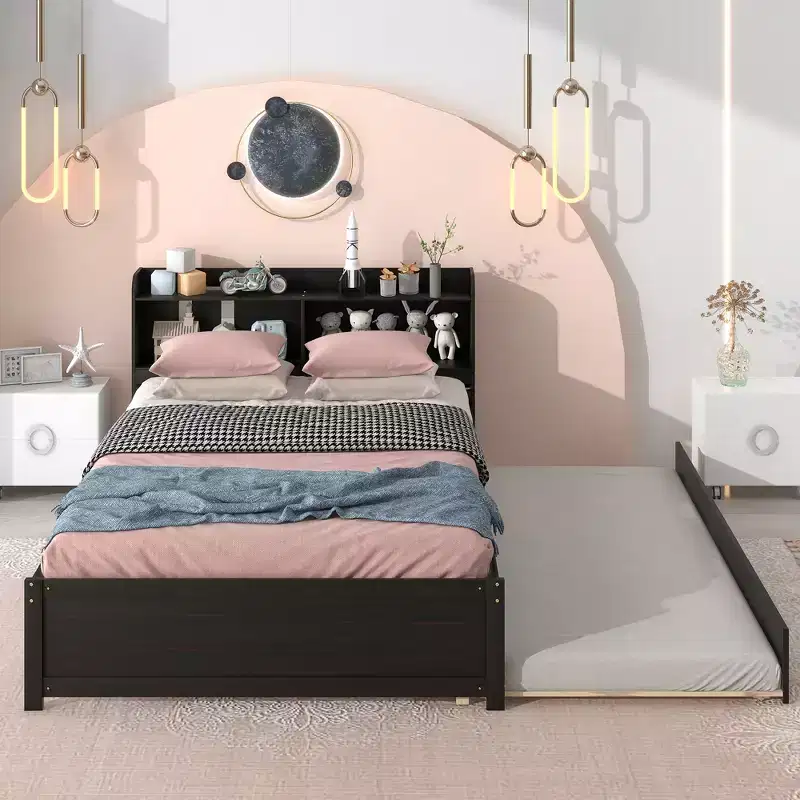 Full Size Storage Headboard Bed with Pull Out Trundle Solid Pine Wood Bed Frame for Small Space