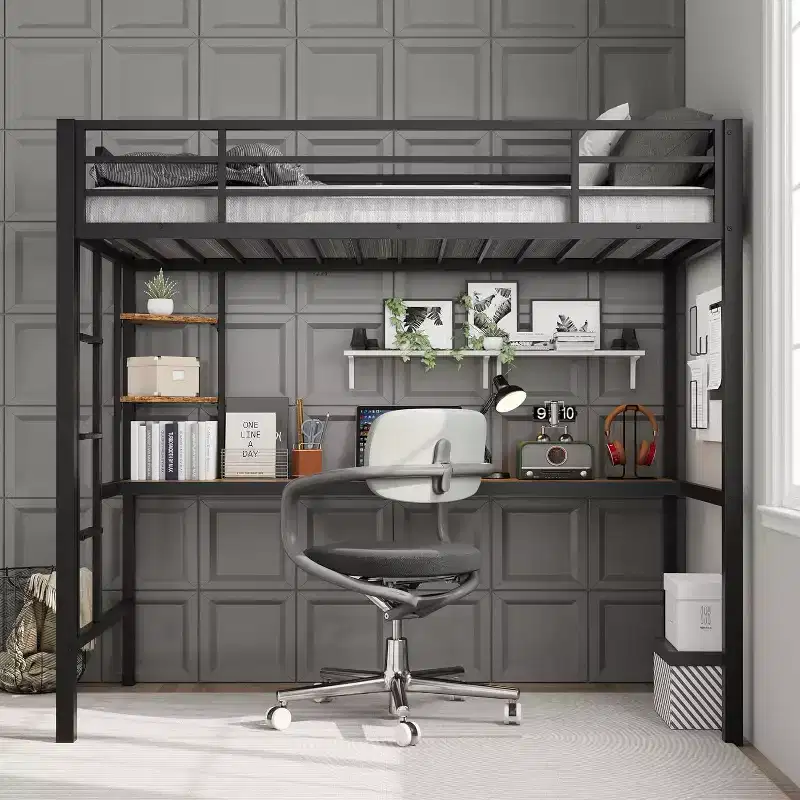 Acekool Twin Size Metal Loft Bed with Desk and Storage Shelves, Guardrail & Ladder, Space-Saving Bed for Kids Teens Adults, White/Black