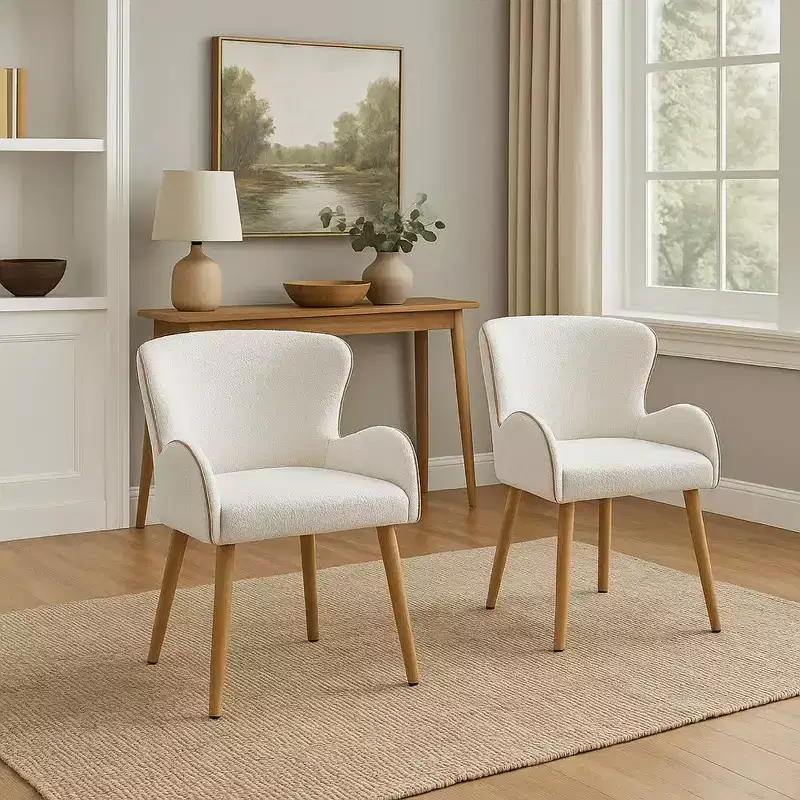 Royal Hampton Side Chair Set of 2, White Boucle, Soft Padding, Brown Wood Legs
